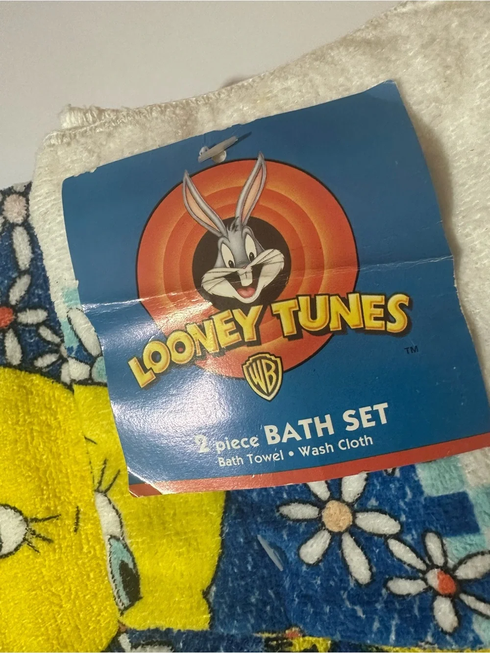 Vtg 90s Looney Tunes Tweety Bird Bath Towel Washcloth Set Gingham Floral